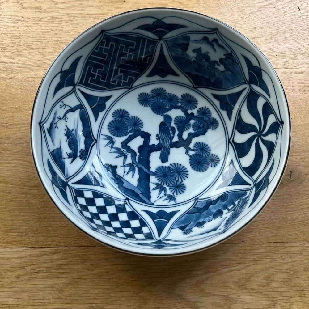 Vintage 1950s Chinese Batavia Ware Blue and White Bowl With Tree Hawk Bird - Picture 1 of 7